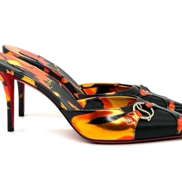 Christian Louboutin CL IN 90s MULE 80 Fire Leather Sandals Heels Shoes - Picture 7 of 11
